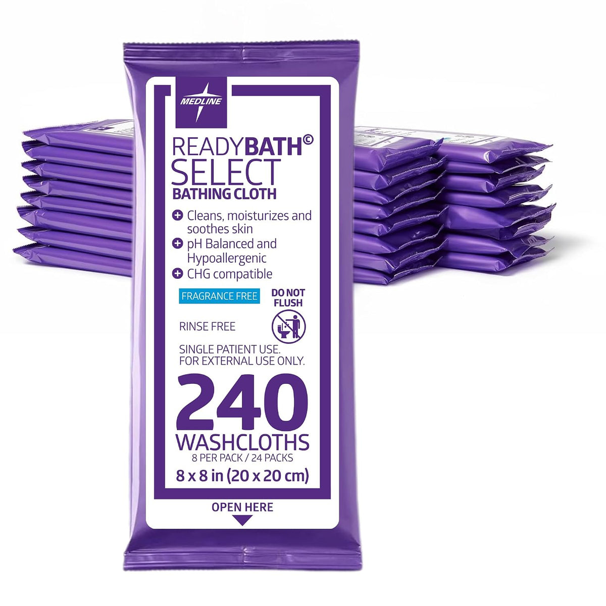 Medline ReadyBath Select Thick Adult Bath Wipes, 240 Wipes (8 Wipes, 30 Packs), Unscented, No Rinse Formula with Aloe, Shower Wipes for Sensitive Skin, Hypoallergenic & Alcohol-Free, 8 x 8 Inch