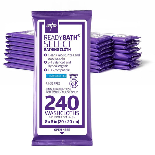 Medline ReadyBath Select Thick Adult Bath Wipes, 240 Wipes (8 Wipes, 30 Packs), Unscented, No Rinse Formula with Aloe, Shower Wipes for Sensitive Skin, Hypoallergenic & Alcohol-Free, 8 x 8 Inch
