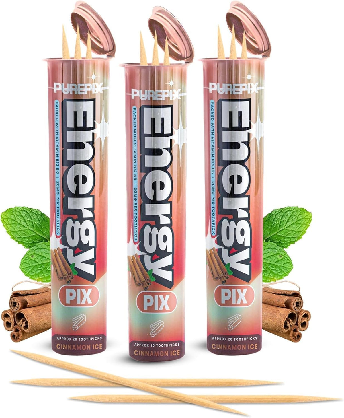 PurePix Energy Caffeine Flavored Toothpicks, Spearmint, 3-Pack, 60ct