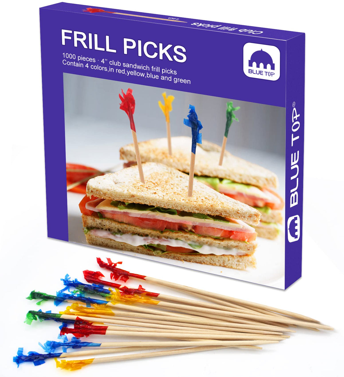 BLUE TOP Wood Frill Picks Toothpicks 4 Inch Value Pack 2000pcs, Wood Frill toothpicks decorative Cocktail Party Toothpicks for Fruit,Appetizers,Club Sandwiches,Great for Valentine's Day and Parties.