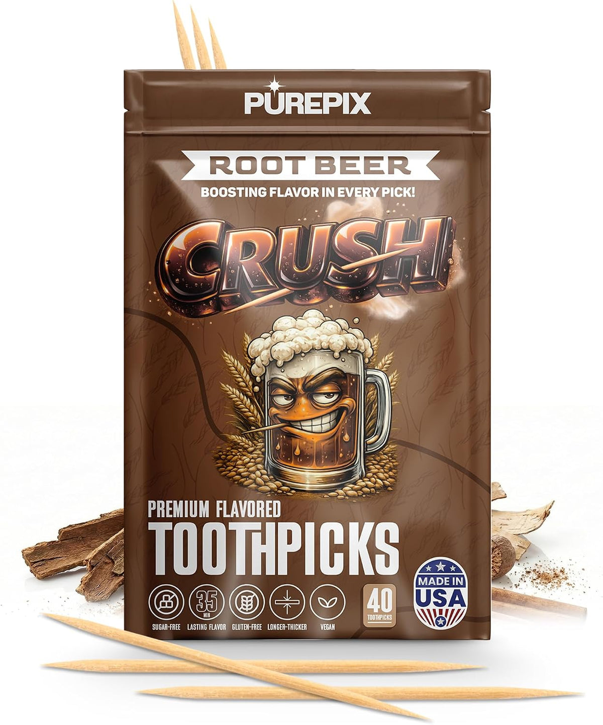 PurePix Crush Root Beer Flavored Toothpicks Quit Smoking Support, Thick Birchwood Infused Sticks, 40 Count Pouch, Long-Lasting Taste, Nicotine Free, Quit Smoking Gift, Vegan Gluten-Free, Made in USA