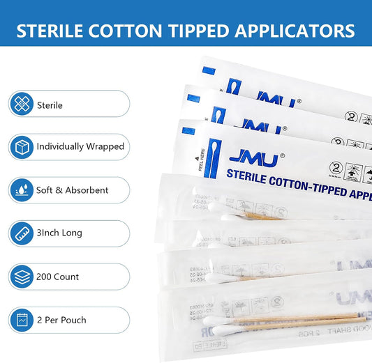 JMU Sterile Cotton Tipped Applicators, 2000 Medical Cotton Swabs Wood Shaft