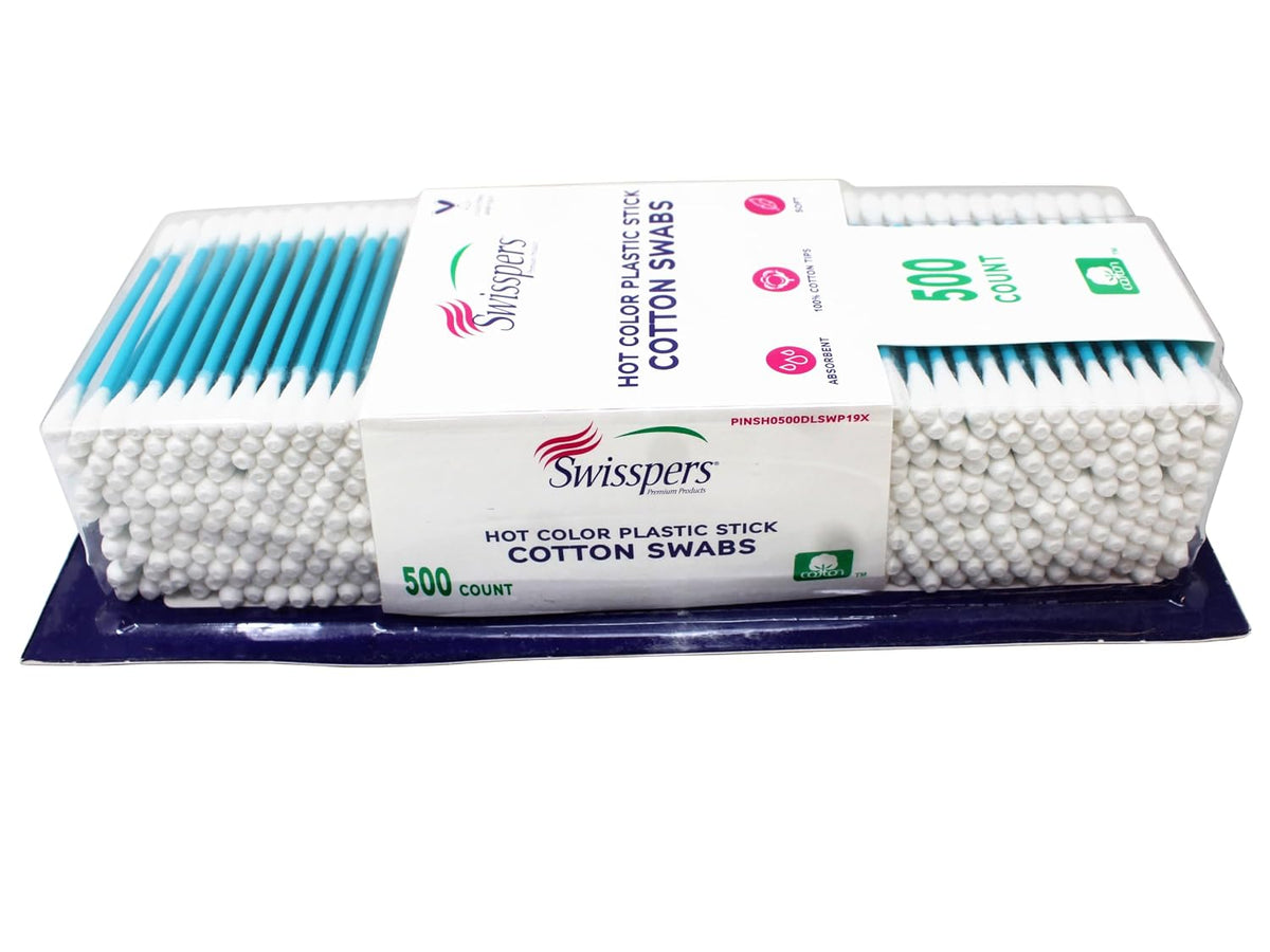 Swisspers Hot Color Cotton Swabs, 100% Cotton, Color Plastic Sticks, 500 per Pack (Color May Vary) - 3 Pack