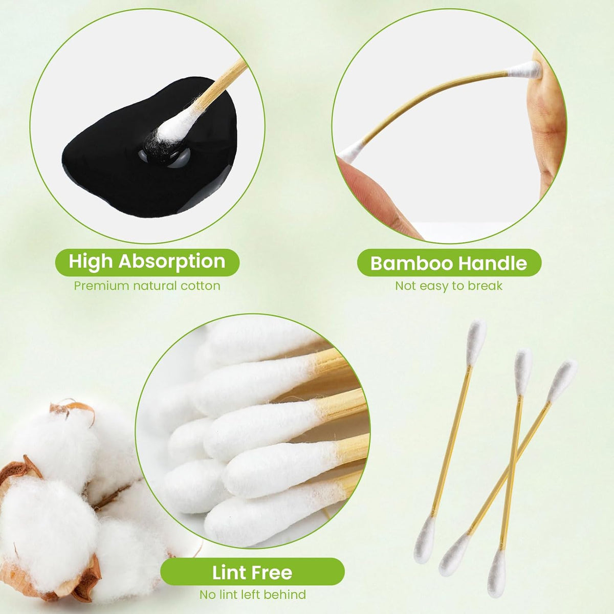 Bamboo Cotton Swabs - Double Tipped Bamboo Ear Swabs - 1200PCS Cotton Buds