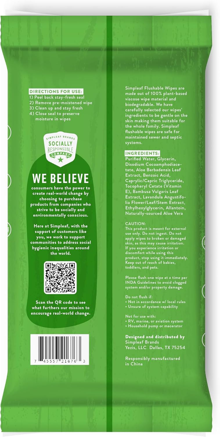 Simpleaf Flushable Wet Wipes Aloe Vera | Plastic Free, Paraben & Alcohol Free | Hypoallergenic & Safe for Sensitive Skin | Soothing Aloe Formula | Adult Toilet Wipes (6 x 50 Count Pack) 300 Count