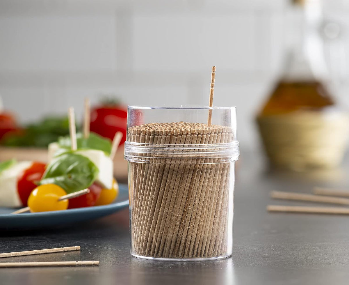 Prestee 2000ct Light Wood Toothpicks + Reusable Toothpick Holder Container, Sturdy Smooth Finish Bamboo Tooth Picks for Teeth, Party Cocktail Picks, Wooden Toothpicks for Appetizers