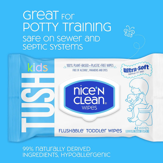 Nice 'N CLEAN Flushable Toddler Wipes 42ct (6-Pack) | 100% Plant-Based, Unscented Wet Wipes for Sensitive Skin | Potty Training Essentials | Flushable Baby Wipes for All Ages