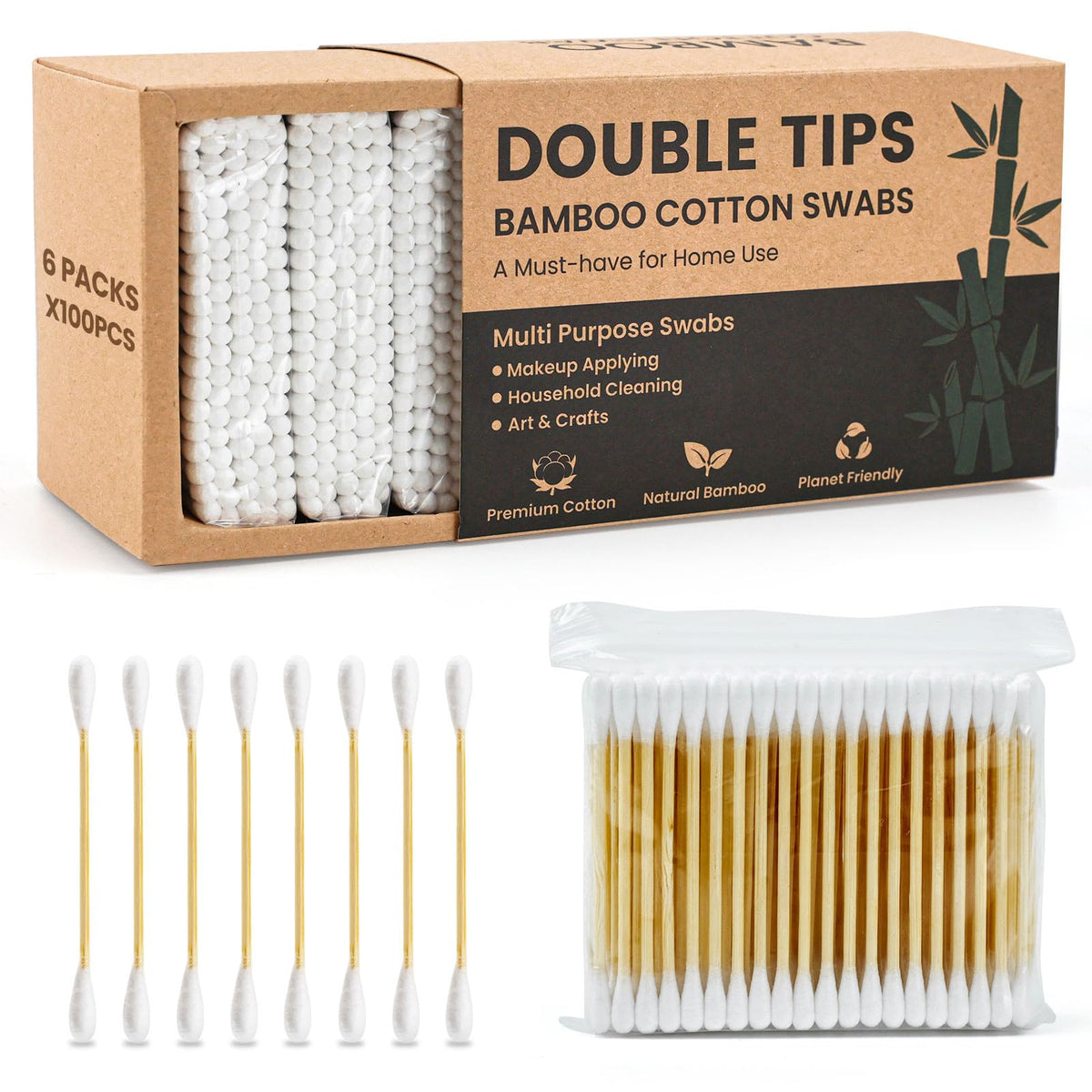 Bamboo Cotton Swabs - Double Tipped Bamboo Ear Swabs - 1200PCS Cotton Buds