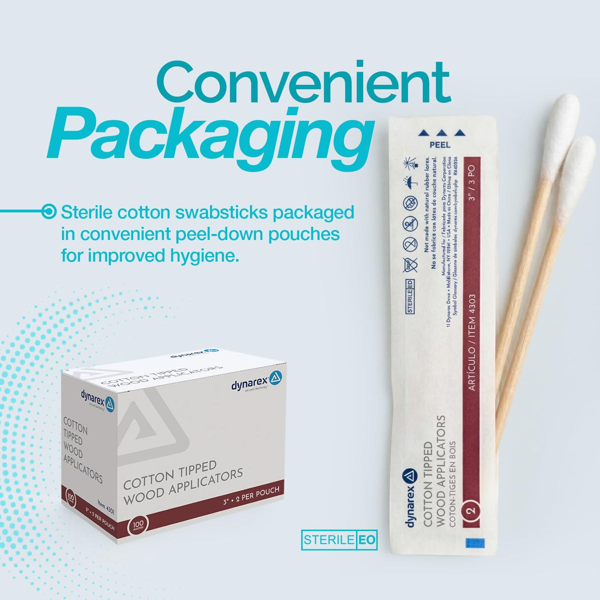 Dynarex Cotton Tipped Wood Applicators - 3" - Sterile - Medical Swabs for Wound Care, Cleaning, Crafts - 10 Boxes per Case, 100 Pouches per Box, 2 Applicators per Pouch