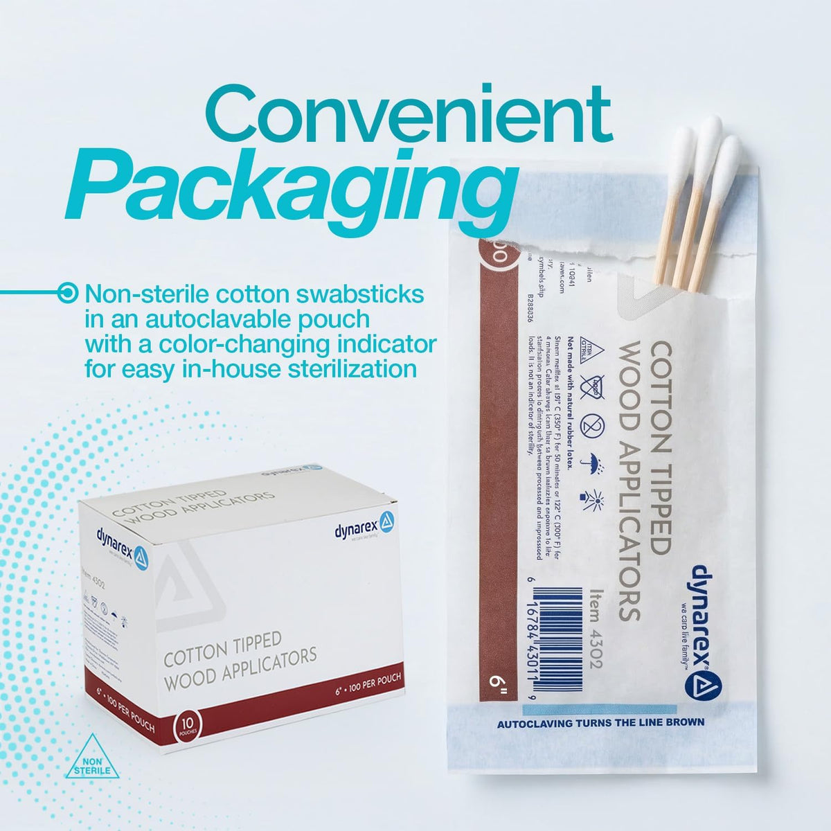 Dynarex Cotton Tipped Wood Applicators - 6" - Non-Sterile - Medical Swabs for Wound Care, Cleaning, Crafts - 10 Boxes per Case, 10 Pouches per Box, 100 Applicators per Pouch