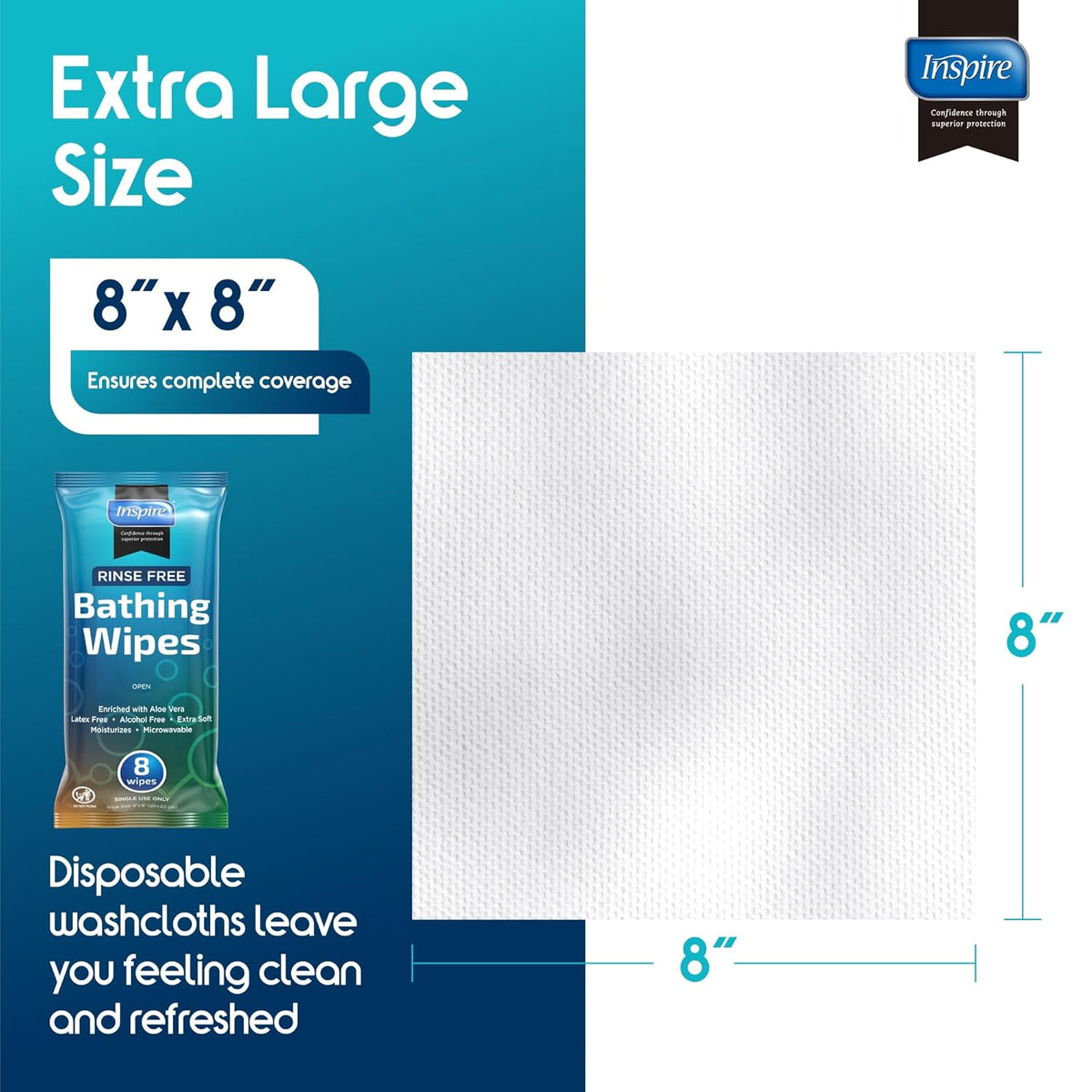 Bathing Wipes for adults bathing rinse free | Adult Wash Cloths Extra Large, Bathing Wipes for Incontinence, 8"x 8" In (48 count) | By Inspire