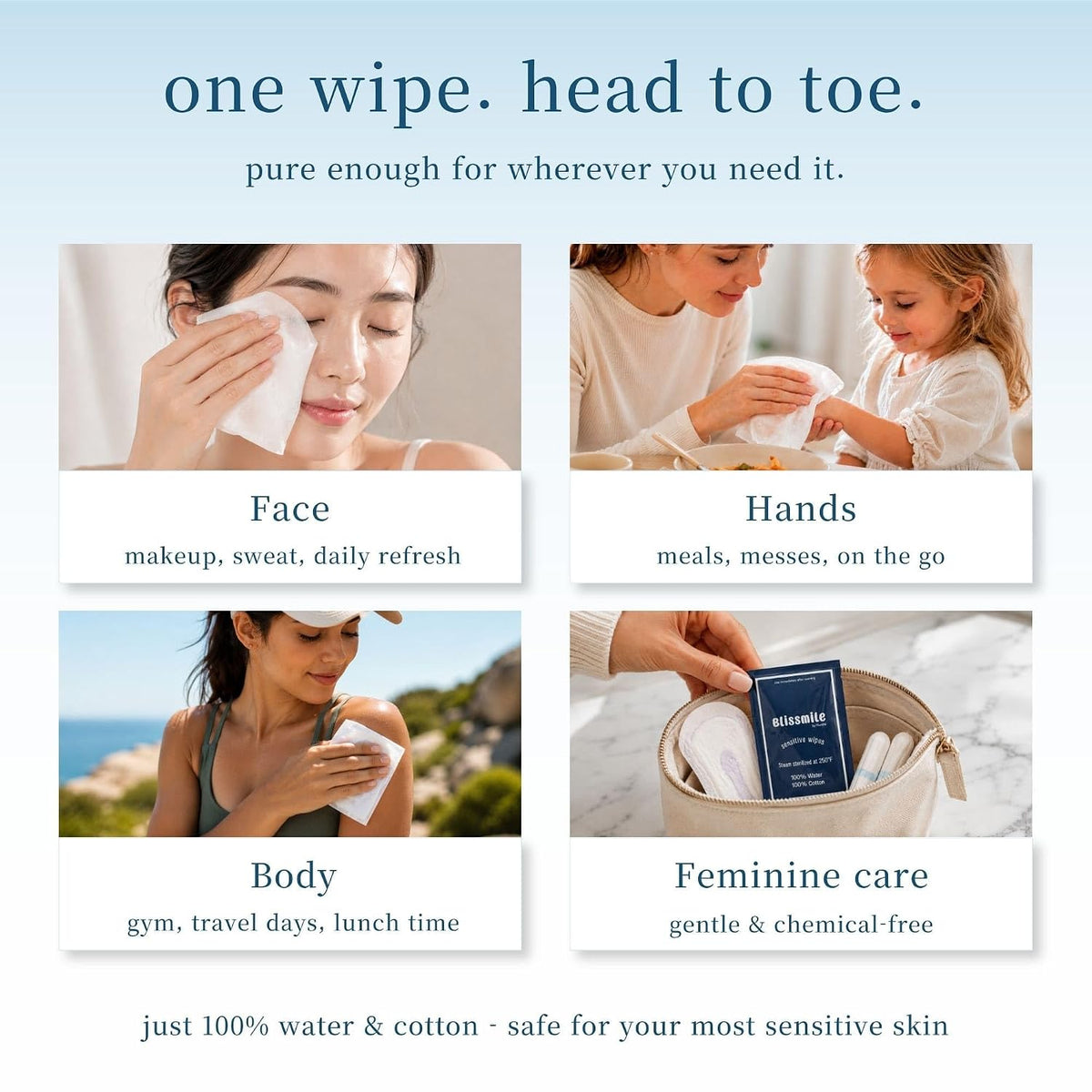 Blissmile 100% Water Wet Wipes, Individually Wrapped Travel Size - 22 ct