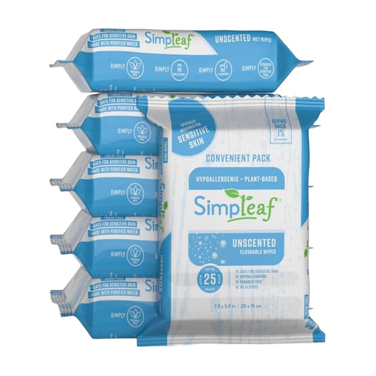 Simpleaf Flushable Wet Wipes Unscented | Eco-Friendly, Paraben & Alcohol Free | Hypoallergenic & Safe for Sensitive Skin | Soothing Aloe Formula | (6 x 25 Counts Convenient Pack) 150 Counts Total