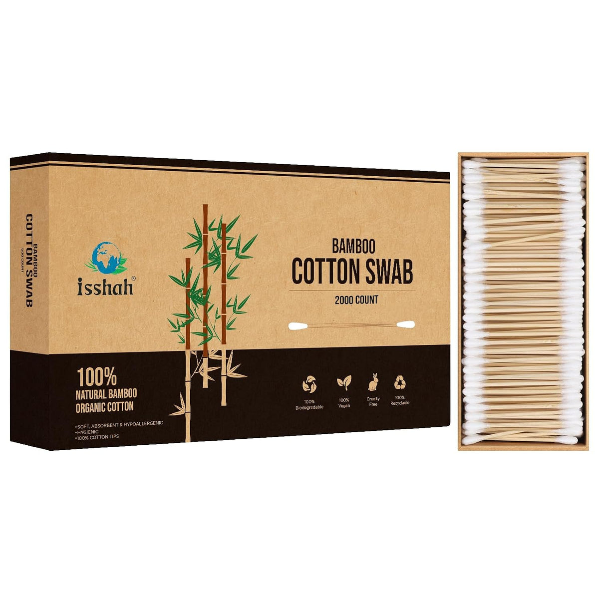 Isshah Natural Bamboo Cotton Swabs - Double Tips - 2000 Count