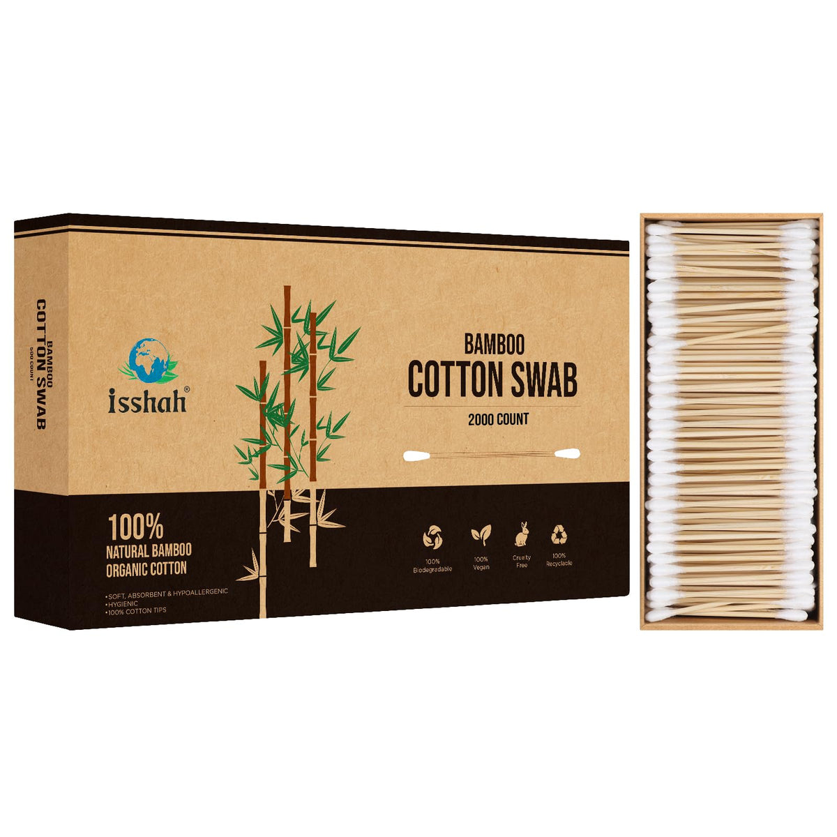 Isshah Natural Bamboo Cotton Swabs - Pointed & Spiral Tips - 1000 Count