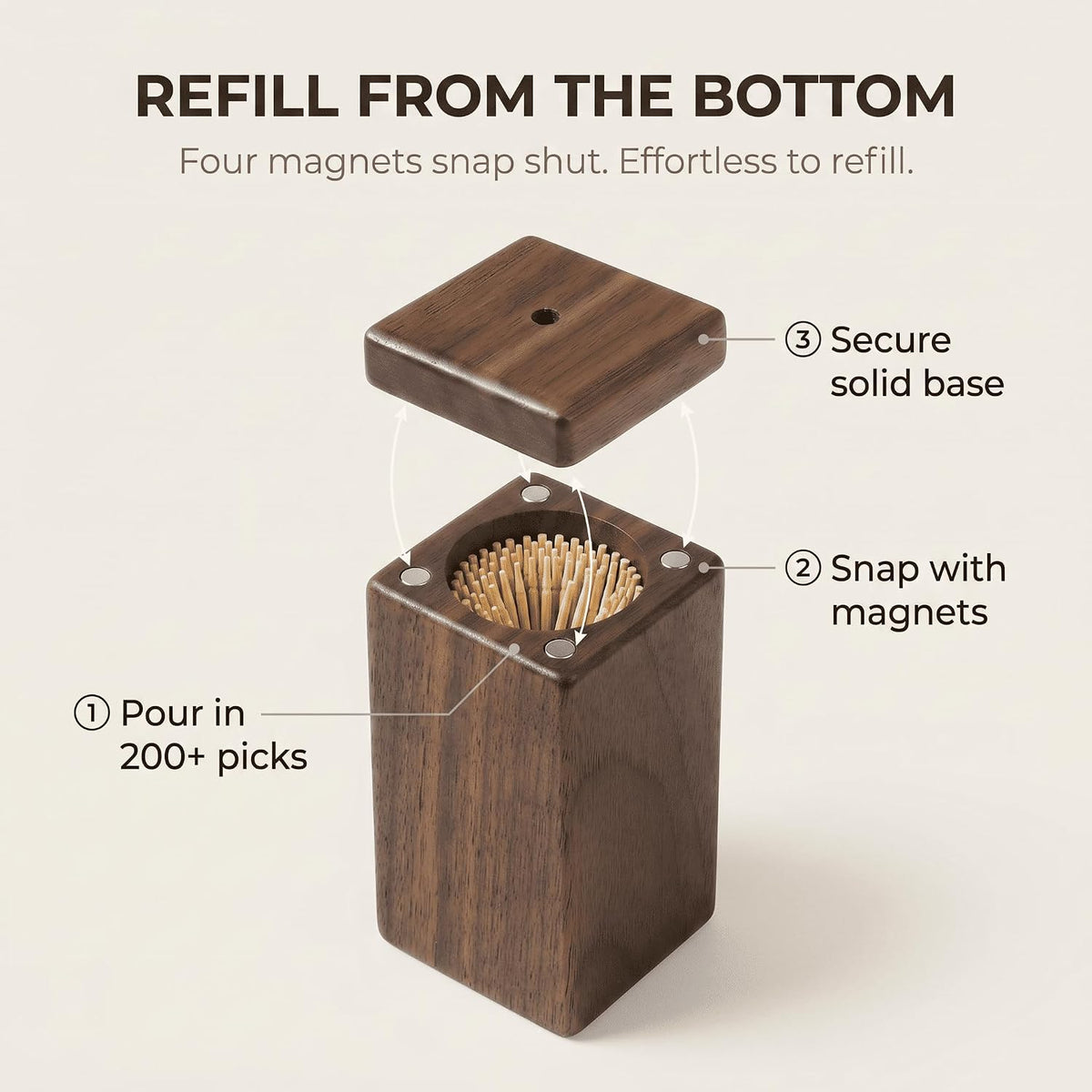 Walnut Wood Toothpick Dispenser with Magnetic Lid, Toothpick Holder