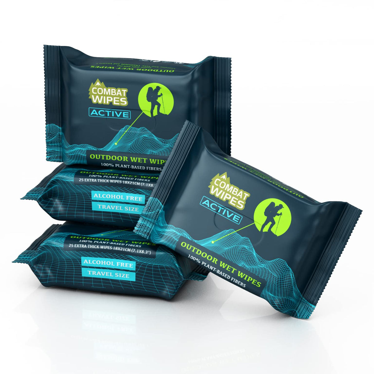 Combat Wipes ACTIVE Outdoor 2-Pack Wet Wipes - Extra Thick Camping Gear, Biodegradable, Body & Hand Cleansing/Refreshing Cloths for Backpacking & Gym w/Natural Aloe & Vitamin E, 50 Ct (25x2 pack)