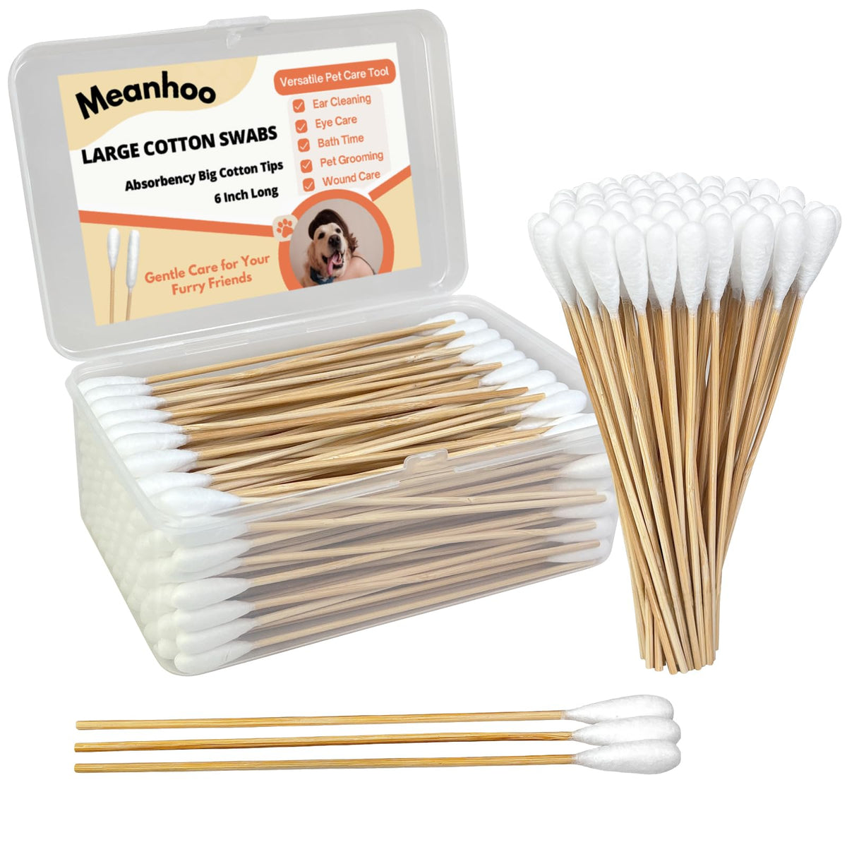 200 Extra Large Dog Ear Swabs, 6-Inch Bamboo Handle for Grooming Care