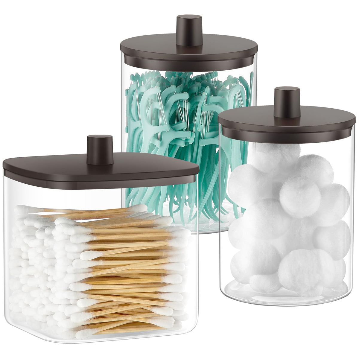 Glass Qtip Holder Dispenser - 3 Pack, Bathroom Decor and Organizer, Black