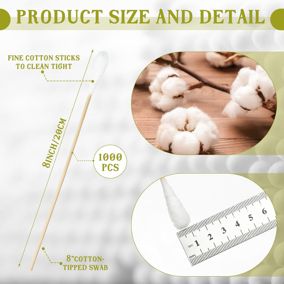 Kigley 1000 Pcs 8" Large Cotton Swabs with Bamboo Handle 1/2" Diameter Swab
