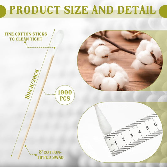Kigley 1000 Pcs 8" Large Cotton Swabs with Bamboo Handle 1/2" Diameter Swab