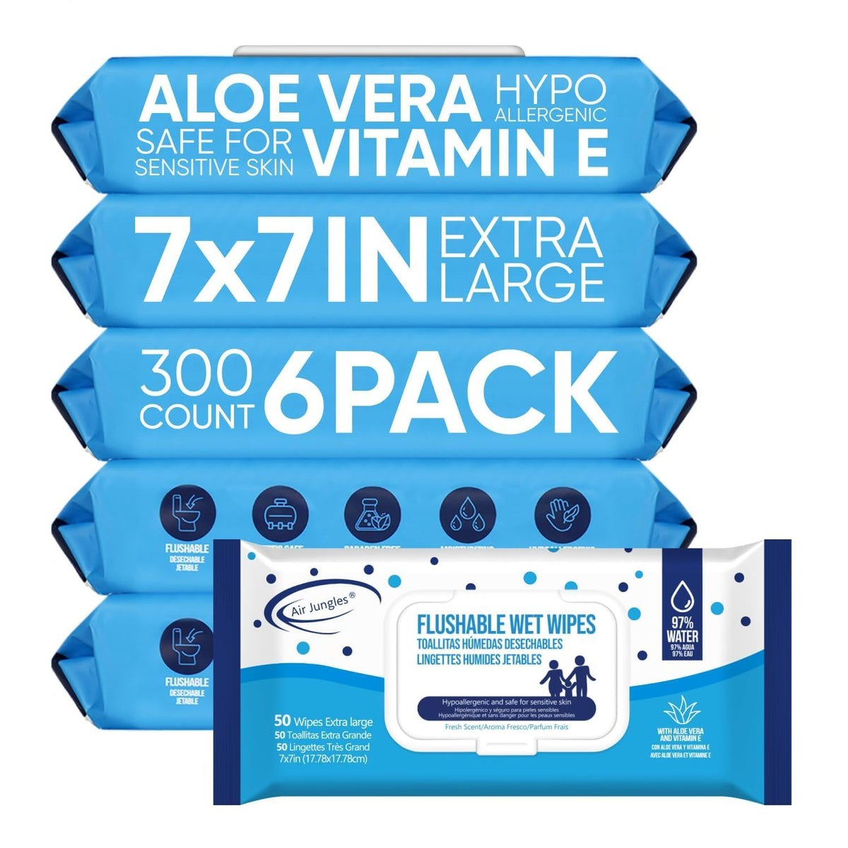 Air Jungles Flushable Wipes 300 Ct 6-Pack, Adult and Kid, XL 7x7 Inch
