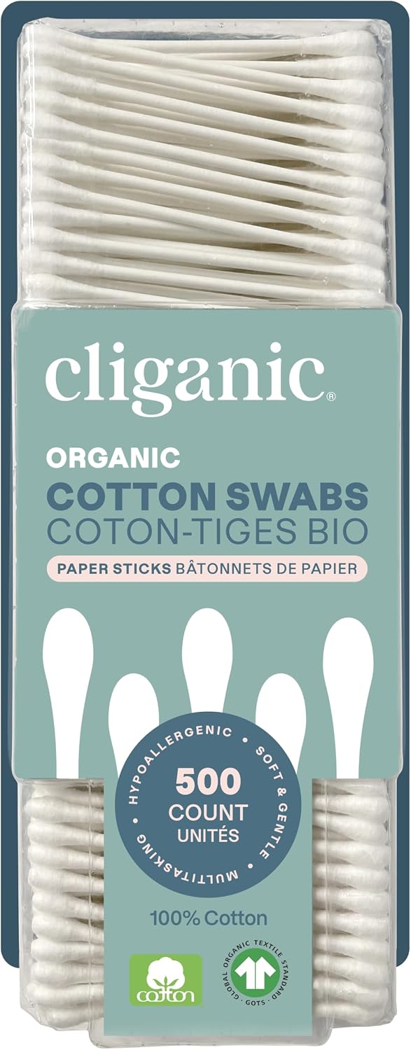 Cliganic Organic Cotton Swabs, 1500 Count - 100% Pure Natural Cotton, Chlorine-Free Hypoallergenic, Soft, Gentle & Absorbent Buds