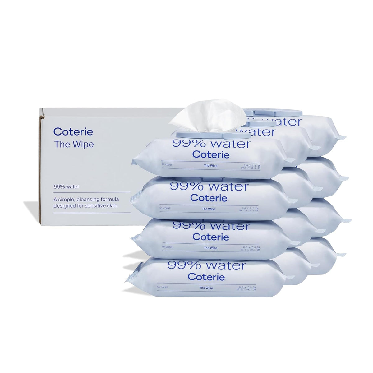 Coterie Baby Wipes for Sensitive Skin, Plant-Based and Plastic-Free Fibers, 99% Water, Hypoallergenic, pH Balanced, Unscented, Clean and Gentle Baby Essentials, 16 Pack, 896 Count