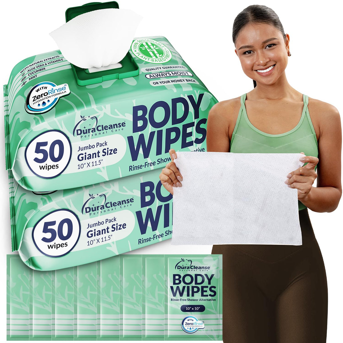 XL Body Wipes for Adults Bathing No Rinse - Shower Wipes & Bath - 50 Ct + 4
