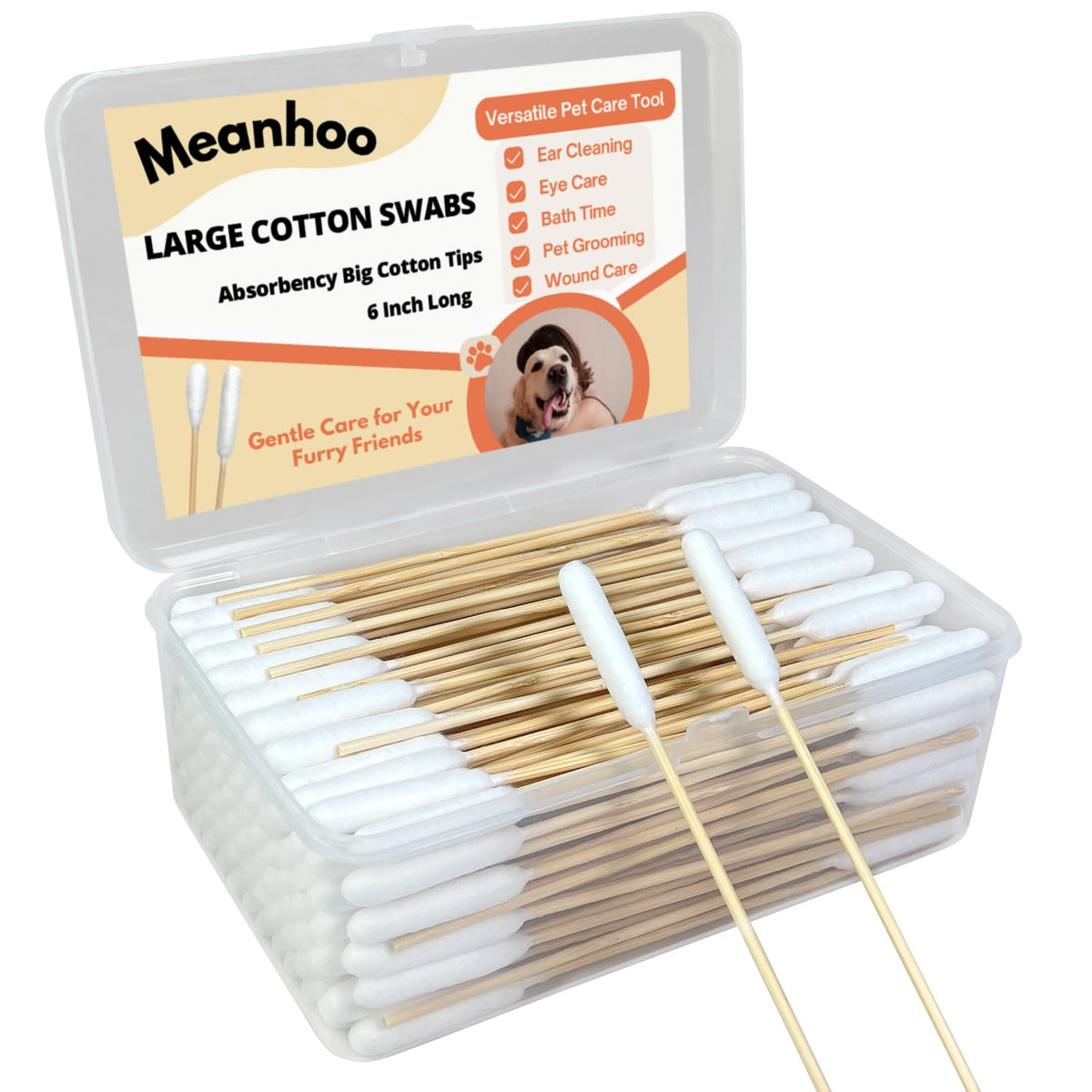 200 Extra Large Dog Ear Swabs, 6-Inch Bamboo Handle for Grooming Care
