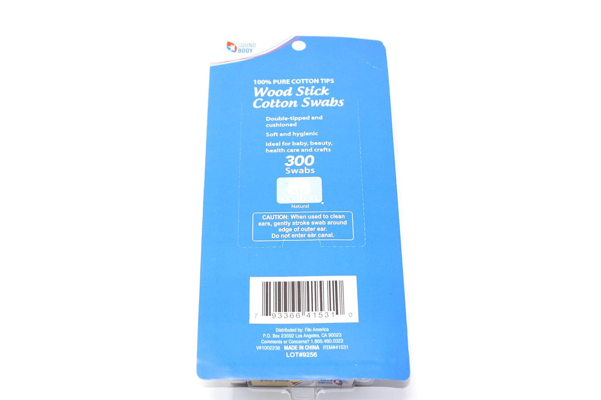 Wood Stick 100% Cotton Swabs by Sound Body - Double Tipped and Cushioned - 3 pack - Total 900 Count