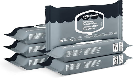 Amazon Basics Extra Large Flushable Wipes, 360 Wipes (6 Packs of 60), Adult Wet Wipes and Resealable Closure, Packaging May Vary