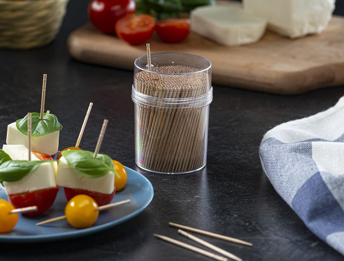 Prestee 2000ct Light Wood Toothpicks + Reusable Toothpick Holder Container, Sturdy Smooth Finish Bamboo Tooth Picks for Teeth, Party Cocktail Picks, Wooden Toothpicks for Appetizers