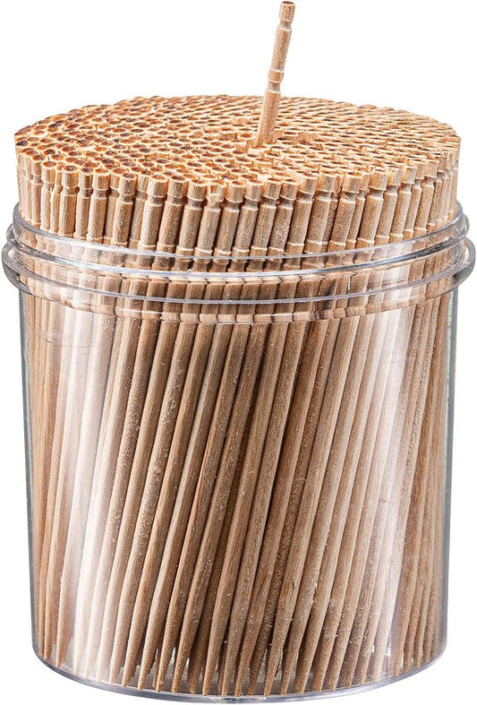 Prestee 2000ct Light Wood Toothpicks + Reusable Toothpick Holder Container, Sturdy Smooth Finish Bamboo Tooth Picks for Teeth, Party Cocktail Picks, Wooden Toothpicks for Appetizers