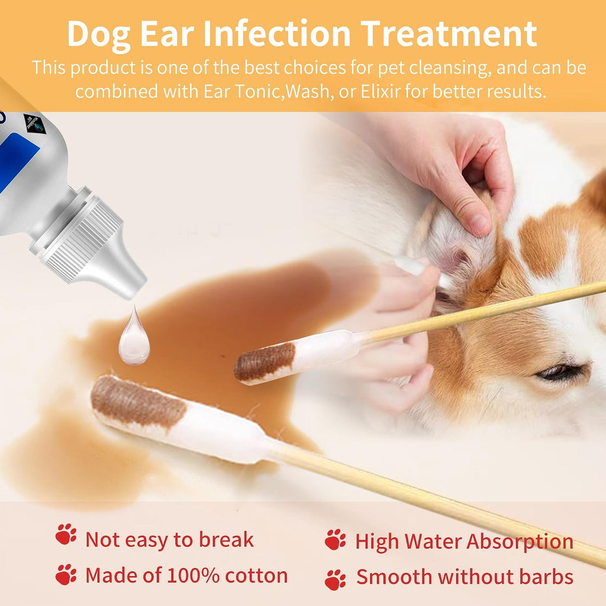 200 PCS 6 Inch Long Cotton Swabs in Box - Professional Large Cotton Swabs with Bamboo Handle - Double Sided Dog Ear Swabs - Specially Designed Big Cotton Swabs for Dog Ear, Cleaning Solution