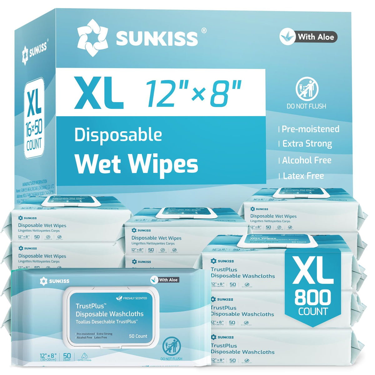 SUNKISS TrustPlus Adult Wet Wipes, Extra Large 8"x12", Unscented, 200Ct
