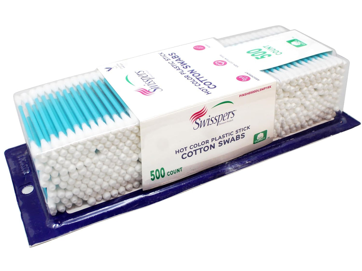 Swisspers Hot Color Cotton Swabs, 100% Cotton, Color Plastic Sticks, 500 per Pack (Color May Vary) - 3 Pack
