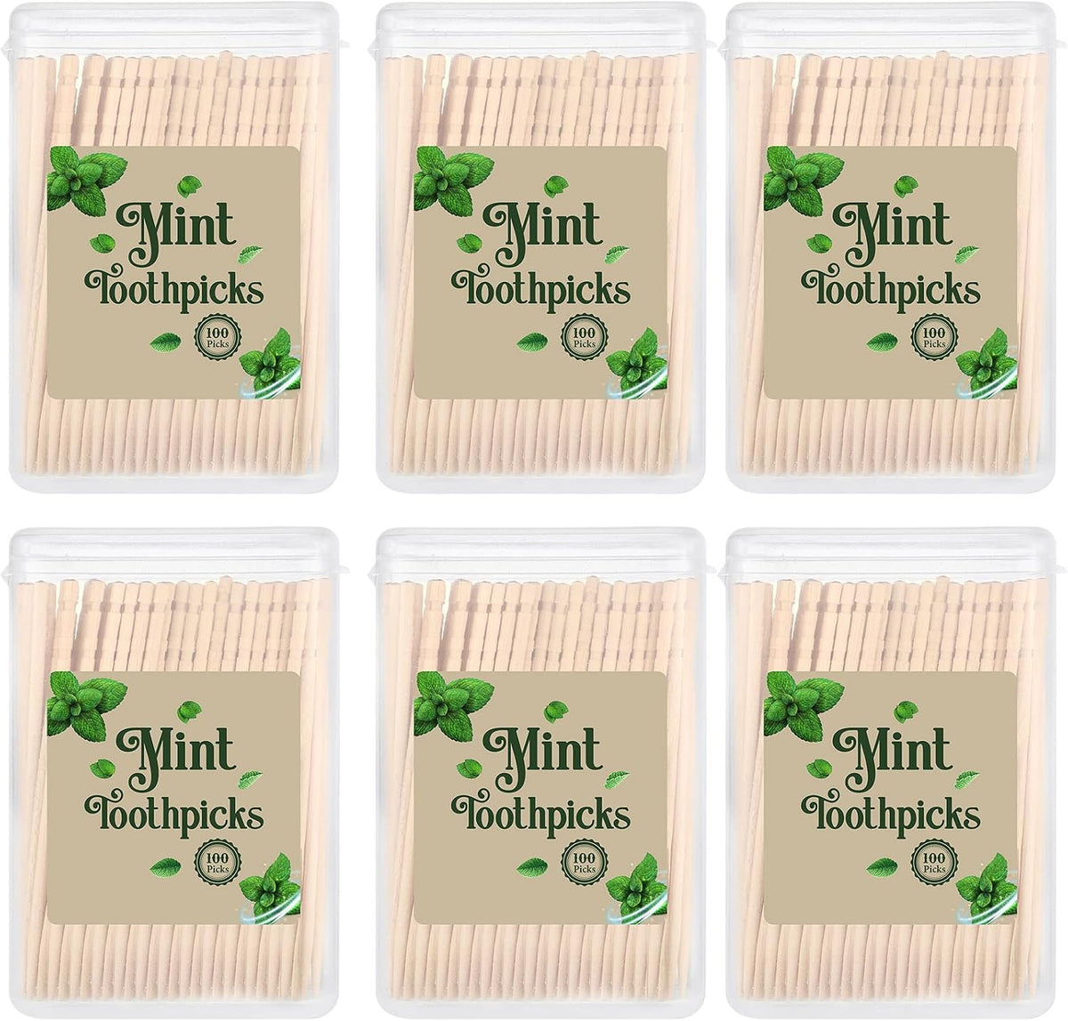 Irenare 600 Pcs Mint Flavored Wood Toothpicks with 6 Clear Storage Boxes