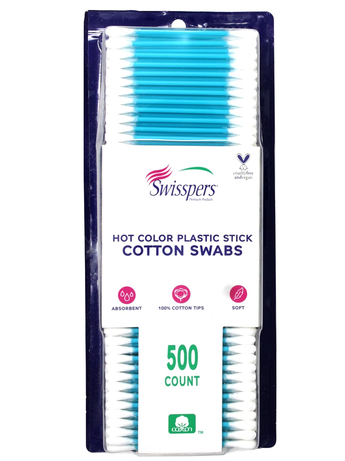 Swisspers Hot Color Cotton Swabs, 100% Cotton, Color Plastic Sticks, 500 per Pack (Color May Vary) - 3 Pack