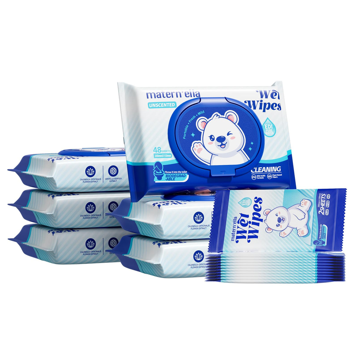 matern'ella Flushable Wipes Extra Large Corner-Connected Wet Wipes Plant Based Fibers With Probiotics Fragrance Free Sewer Safe Butt Wipe Adult 3 Packs of 80