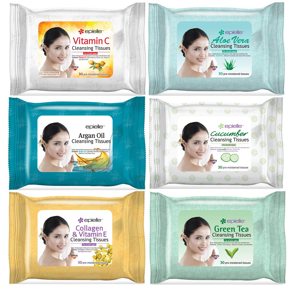 Epielle Gentle Skin Cleansing Wipes, 6 pack of 30 count each of Vitamin C, Cucumber, Aloe Vera, Collagen&Vitamin E, Green Tea, and Argan, Alcohol-Free, Hypoallergenic, Natural Extracts, Oily Skin.