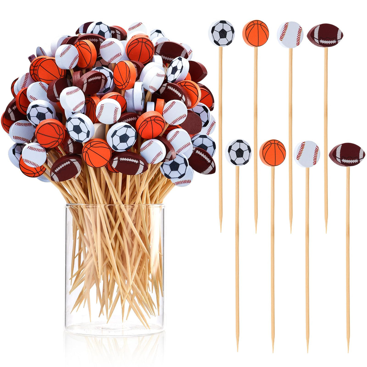 50 Pcs Football Toothpicks, 4.72 Inch Football Cocktail Picks for Appetizers, Long Bamboo Toothpicks, Decorative Toothpicks Skewers for Holiday Birthday Party Decorations (Football 3D)