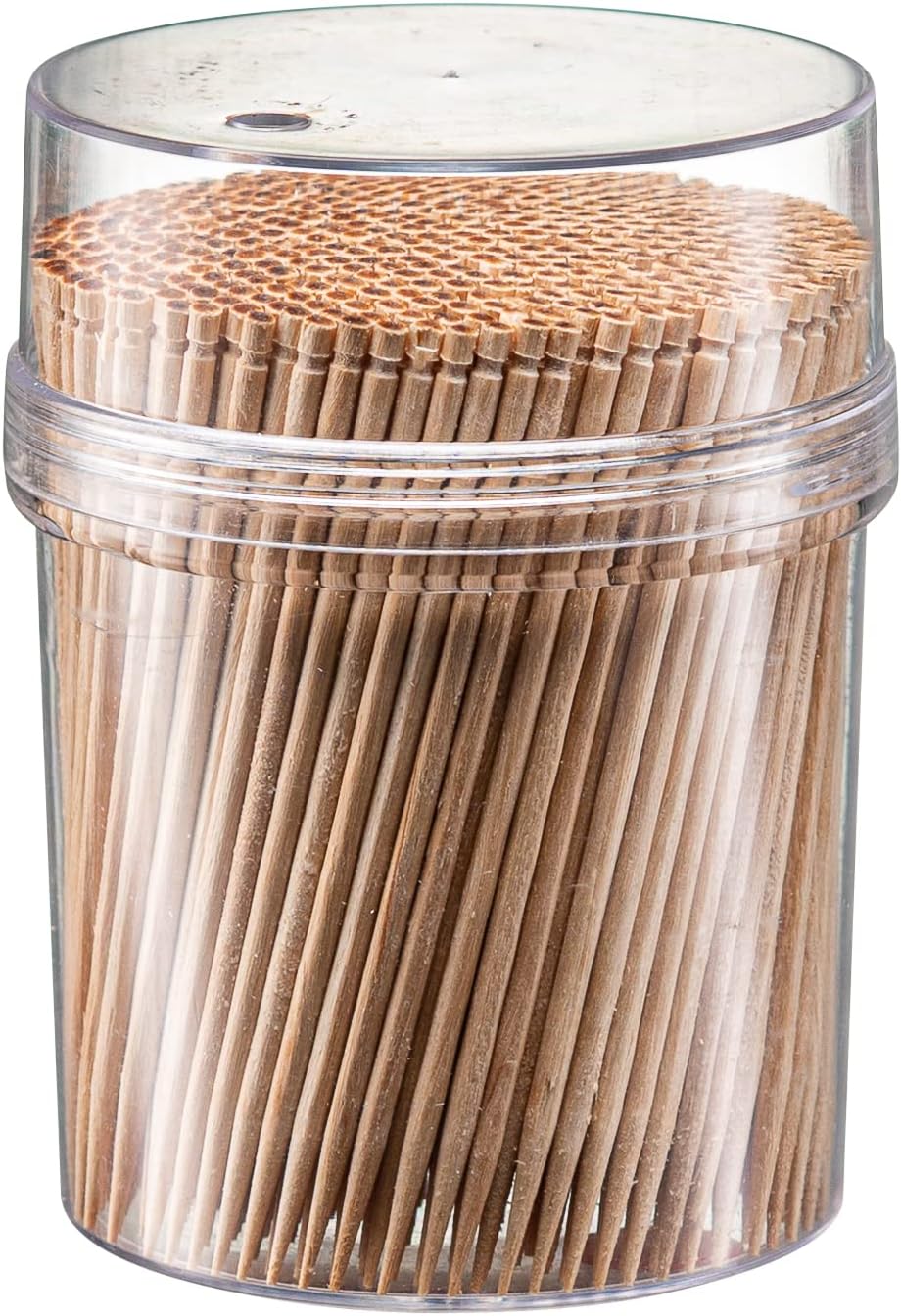 Prestee 2000ct Light Wood Toothpicks + Reusable Toothpick Holder Container, Sturdy Smooth Finish Bamboo Tooth Picks for Teeth, Party Cocktail Picks, Wooden Toothpicks for Appetizers