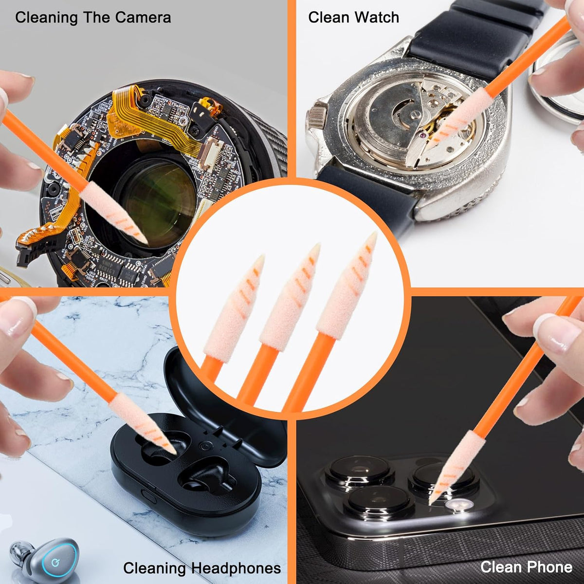 Wellgler's 200pcs Foam Cleaning Swabs, Multi-Purpose Cleanroom Foam Tip Cleaning Swab Kitip Cleaning Swab Kit (Orange)