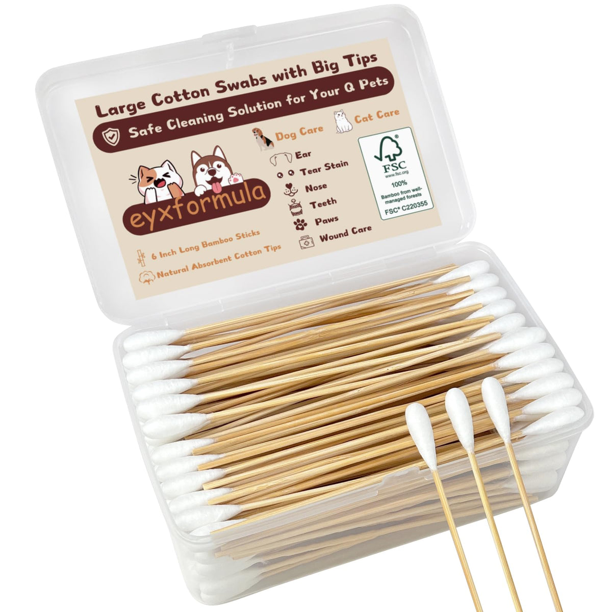 eyxformula Dog Ear Cleaning Swabs, 2 Size Cotton Tips, 100 Long & 100 Large