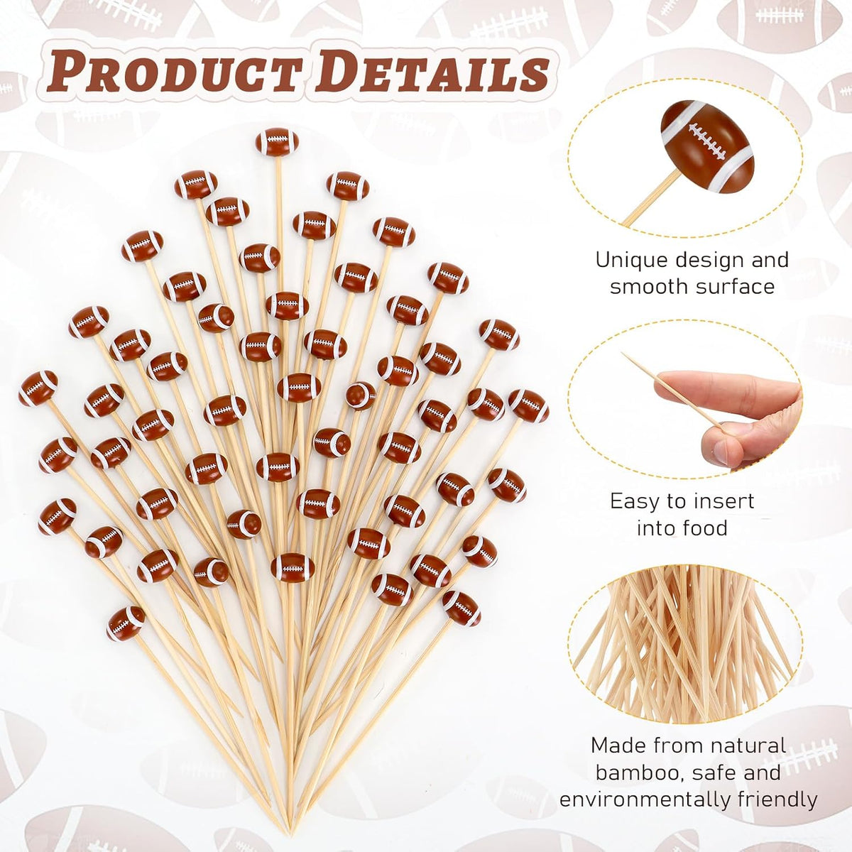 50 Pcs Football Toothpicks, 4.72 Inch Football Cocktail Picks for Appetizers, Long Bamboo Toothpicks, Decorative Toothpicks Skewers for Holiday Birthday Party Decorations (Football 3D)