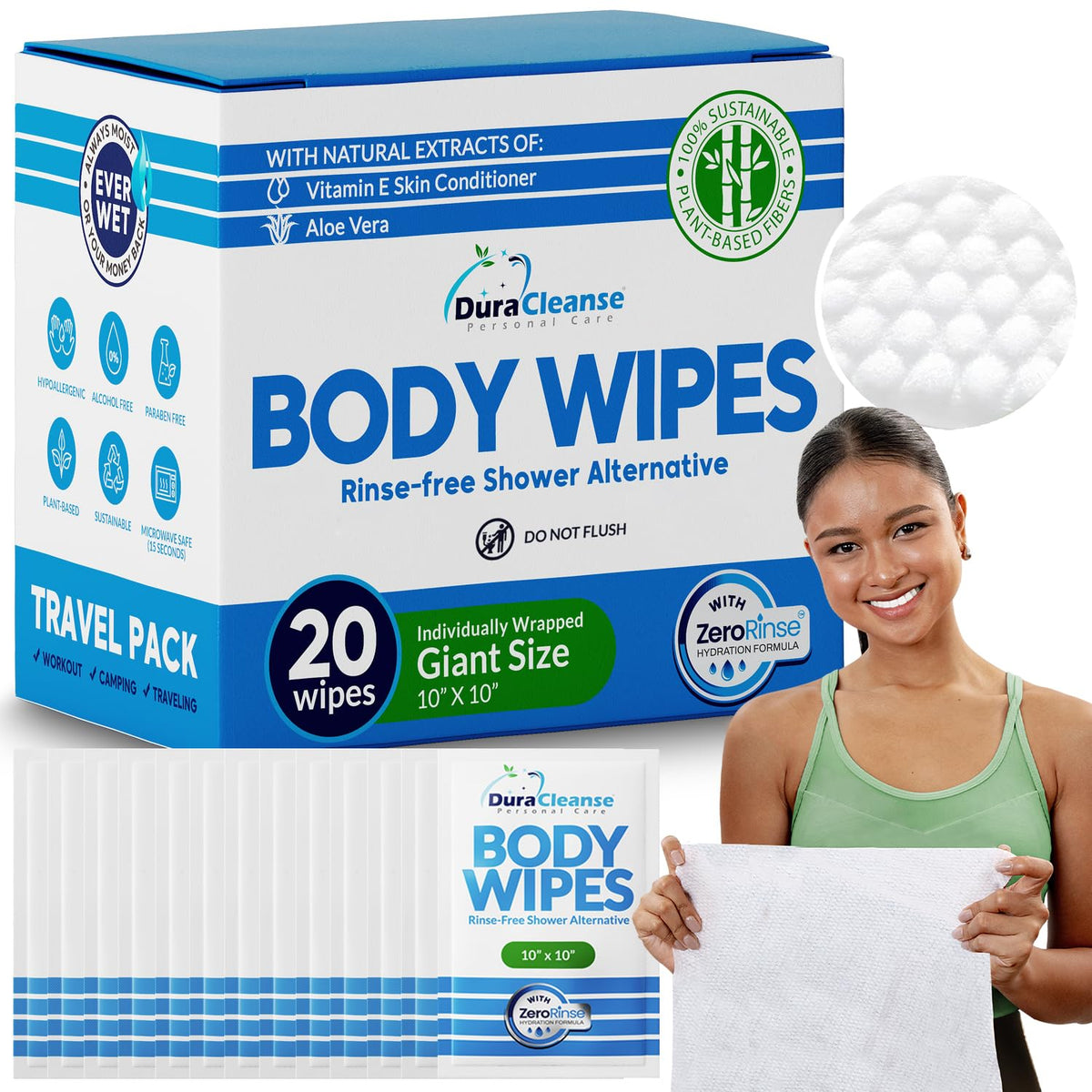 XL Body Wipes for Adults Bathing No Rinse - Shower Wipes & Bath - 50 Ct + 4