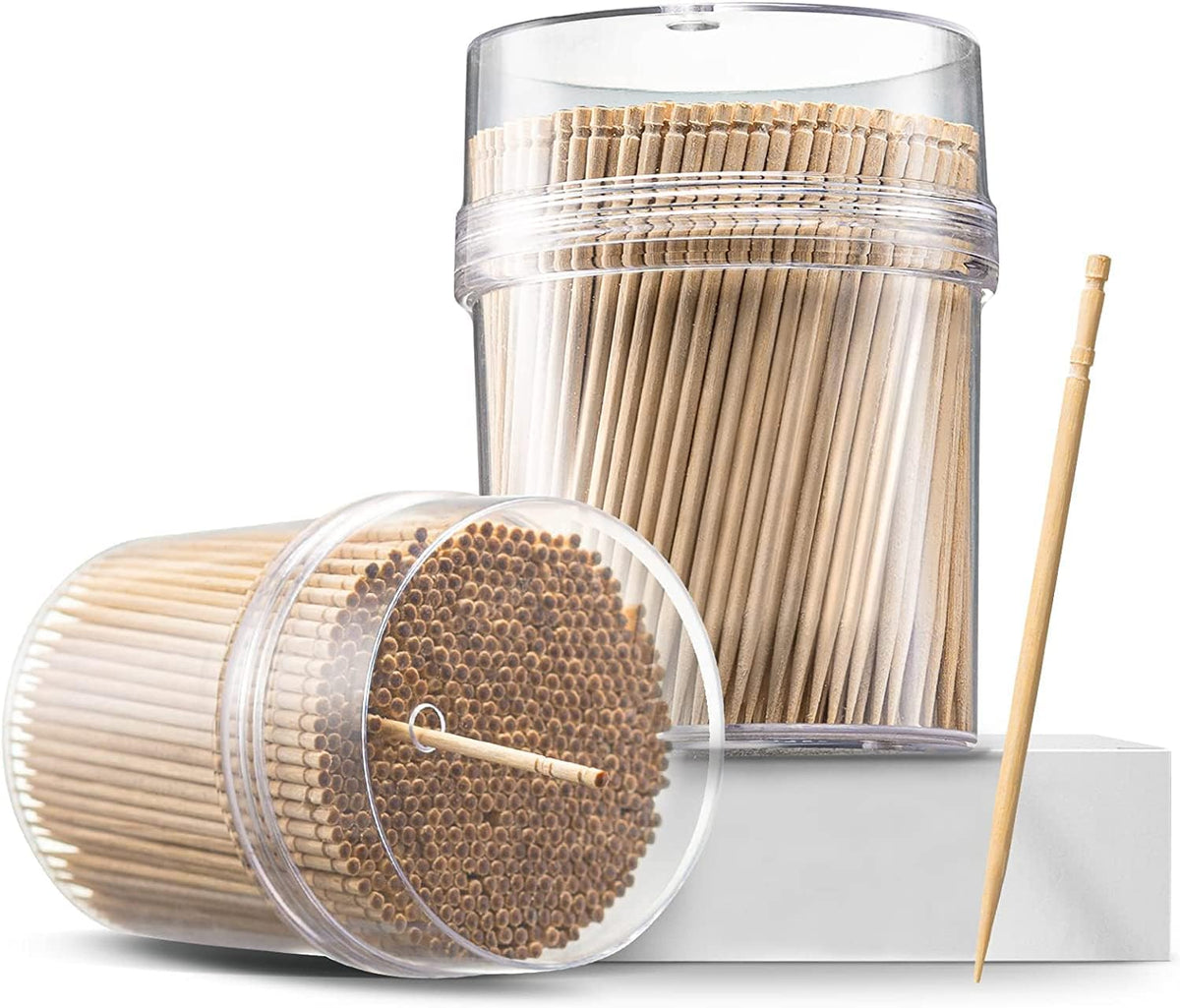 Prestee 2000ct Light Wood Toothpicks + Reusable Toothpick Holder Container, Sturdy Smooth Finish Bamboo Tooth Picks for Teeth, Party Cocktail Picks, Wooden Toothpicks for Appetizers
