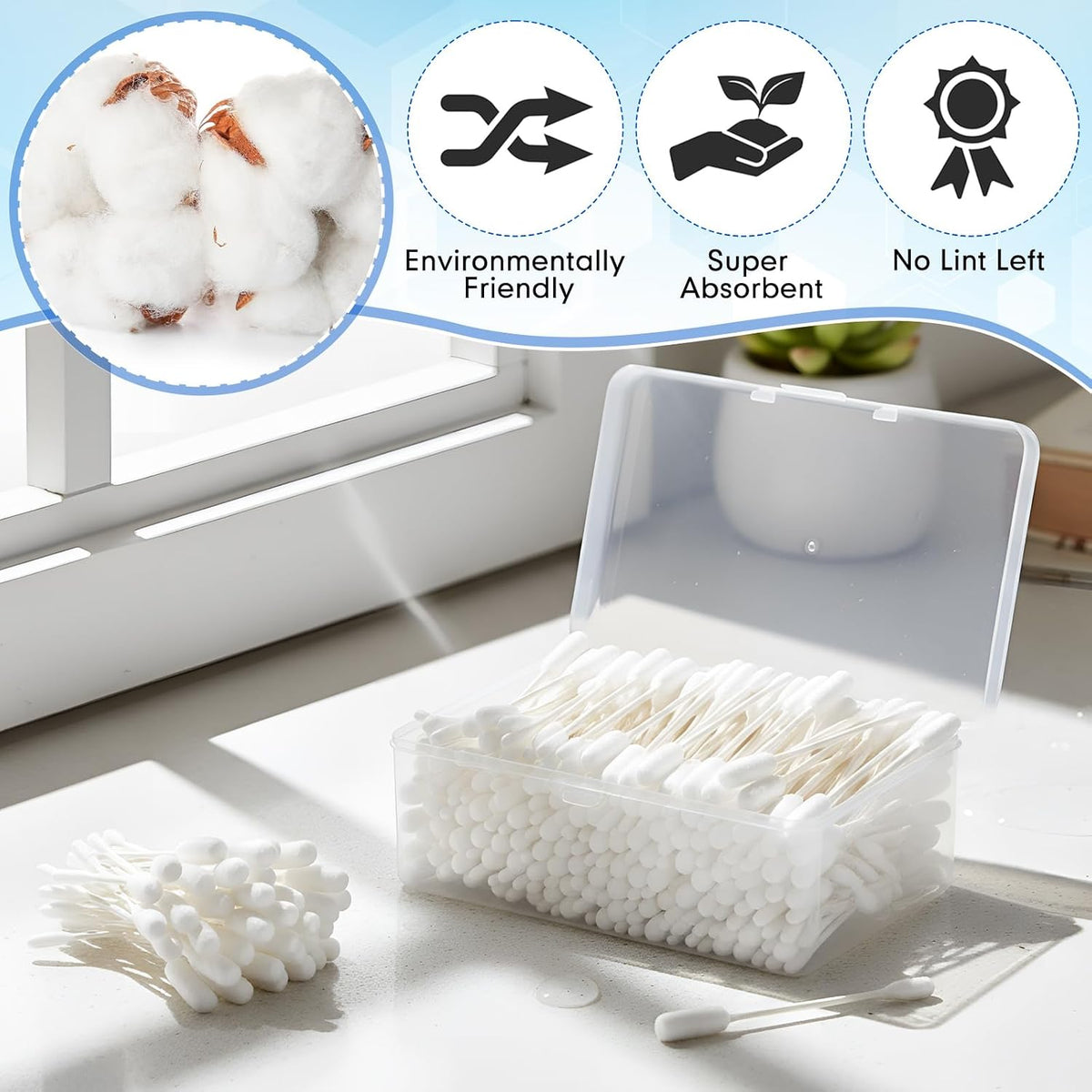 Lounsweer 400pcs Long Cotton Swabs with Storage Case 4'' XL Cotton Buds
