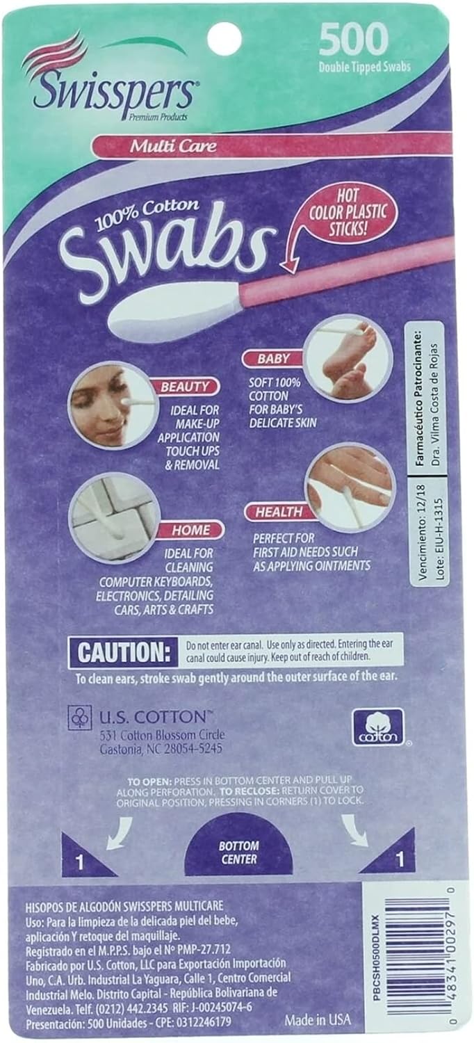 Swisspers Hot Color Cotton Swabs, 100% Cotton, Color Plastic Sticks, 500 per Pack (Color May Vary) - 2 Pack